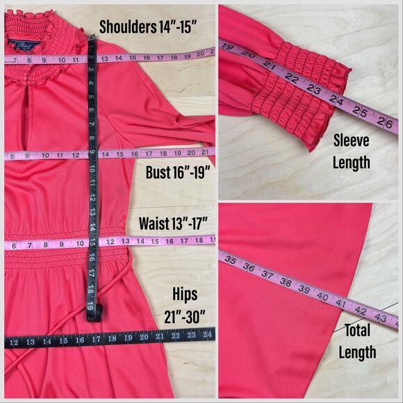 Vintage 1960s Pink Salmon Long Sleeve Mock Neck Keyhole Midi Dress - Picture 6 of 7